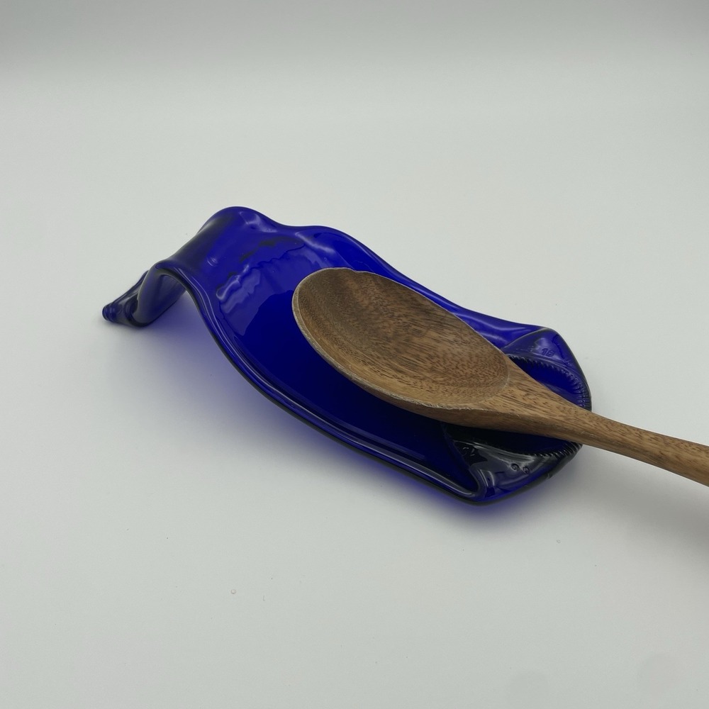 Glass Spoon Rest- Cobalt Blue Hand Melted Flat Bottle Spoon Rest 8" Trinket Tray - Picture 2 of 13